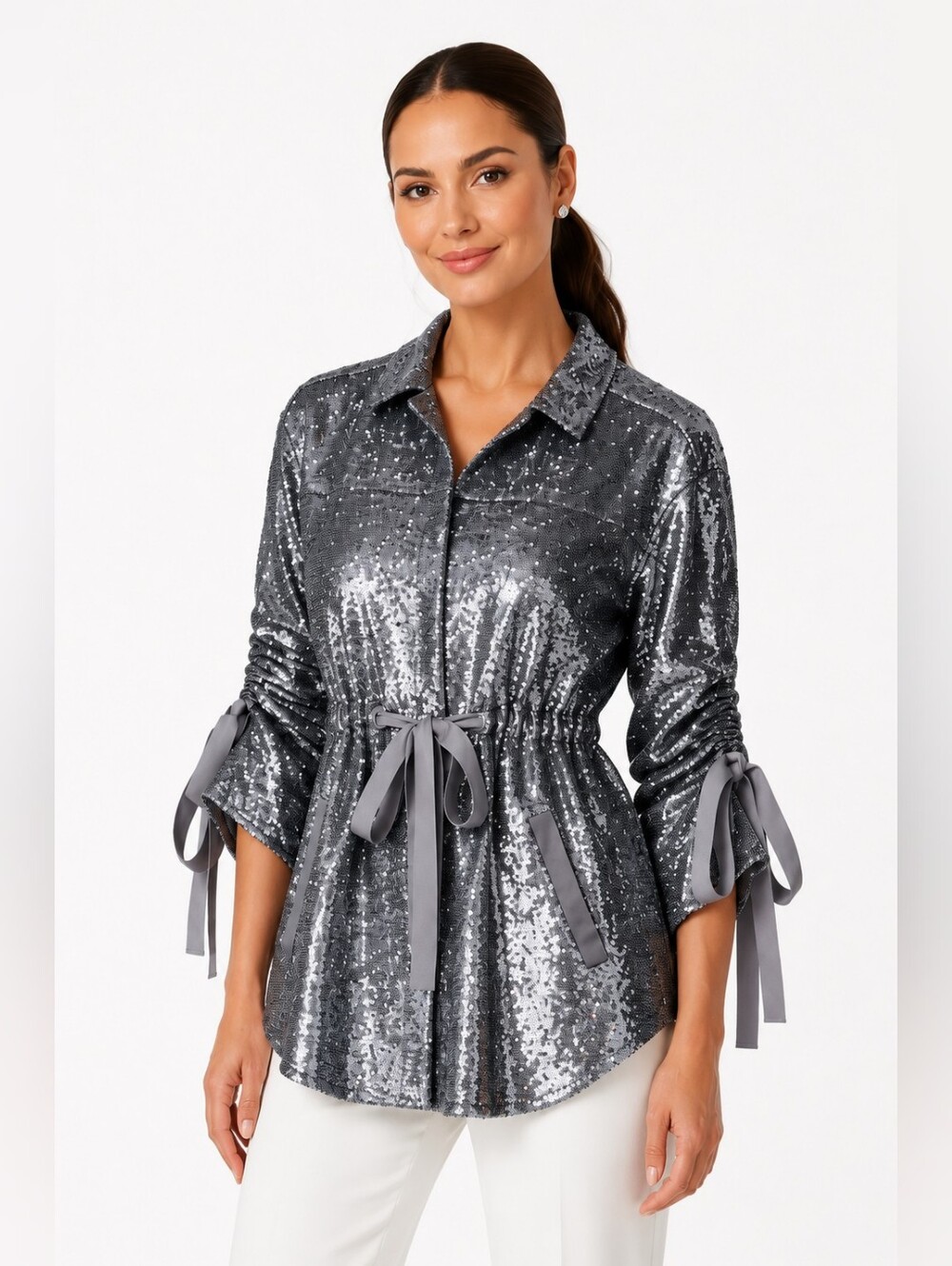 Cinq à Sept Mathieu Sequin Evening Jacket M Gunmetal Silver Tie Waist